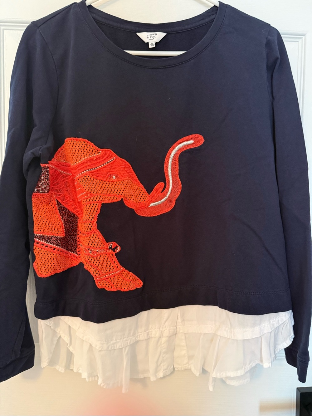 Navy Long-Sleeve Top with Bright Orange Elephant Applique